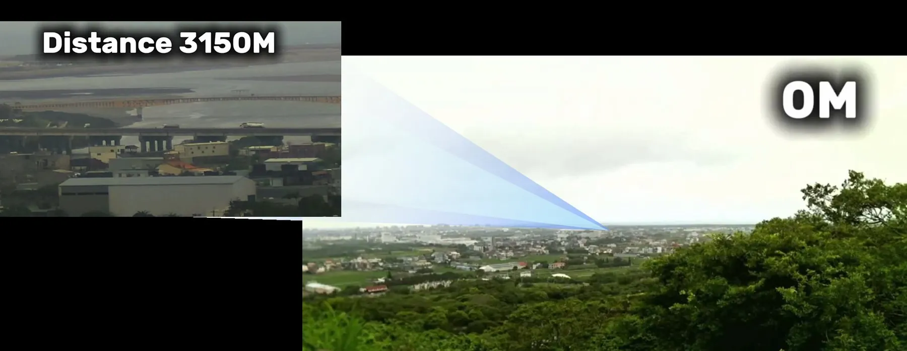 PL01 zoom comparison showing a target at 3150m distance versus wide view